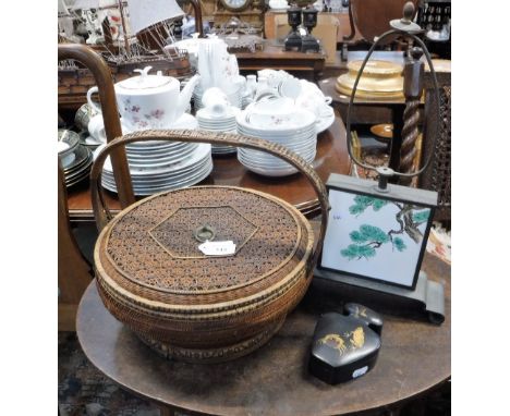 A 19TH CENTURY WOVEN 'WEDDING BASKET', a lacquered box decorated with a crab and a frog and a table lamp (3)