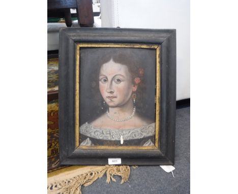 A NAIVE OIL ON PANEL PORTRAIT OF A WOMAN wearing a pearl necklace, a red rose in her hair, probably 18th century, in an eboni