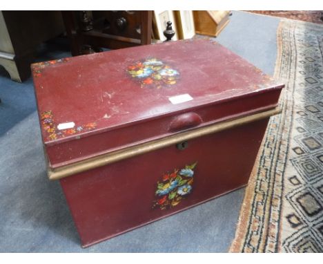 A VINTAGE DEED BOX with painted floral decoration