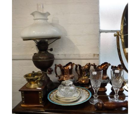 A COLLECTION OF 19TH CENTURY LUSTRE JUGS, a brass oil lamp and sundries