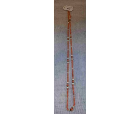 A CORAL AND CULTURED PEARL NECKLACE, 40cms long