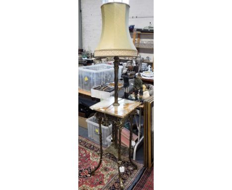 A VICTORIAN STYLE BRASS STANDARD LAMP, fitted a square onyx top, 14" wide
