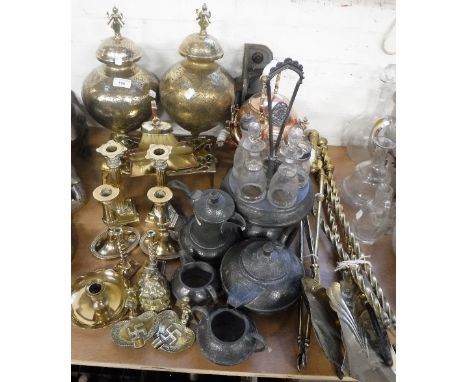 A PAIR OF INDIAN BRASS VASES with covers, a collection of Victorian brass fire tools and similar metalware