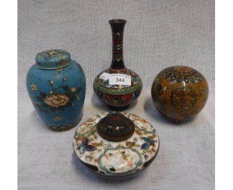 A JAPANESE CLOISONNE ENAMEL VASE two enamelled Koro and an enamelled porcelain vase (4)