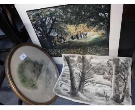 A PEN AND WASH DRAWING of a house, signed R Russell, a photographic study of a woodland scene and an early 20th century print