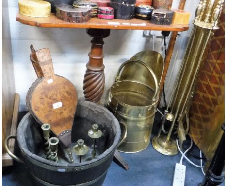 A SET OF BRASS FIRE TOOLS, a brass bound oak 'barrel' bucket, a pair of bellows and similar items