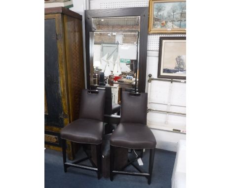 A LARGE CONTEMPORARY WALL MIRROR in black ash frame, another frame, two bath chairs and a small pouffe