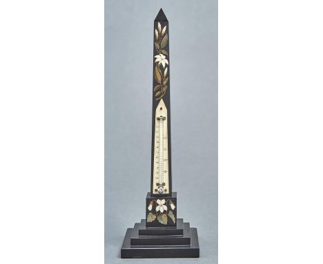 A Victorian Ashford black marble obelisk, Derbyshire, c1870, inlaid in coloured hardstones with cyclamen and other flowers an