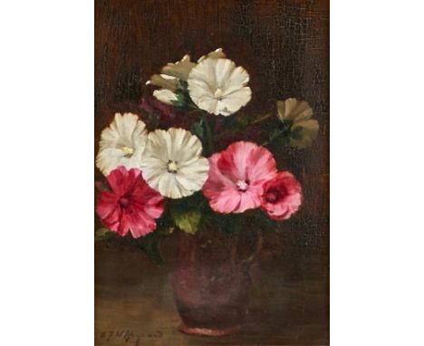 Alfred Frederick William Hayward (1856-1939) - Hollyhocks in a Brown Jug, signed, oil on canvas, 35 x 24cm  In restored galle