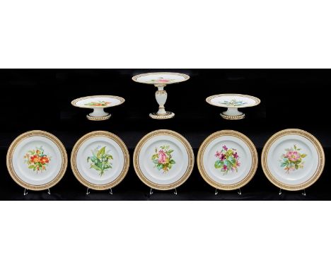 A Staffordshire bone china botanical dessert service, c1860, painted with a rose, convolvulus or other large specimen in seed