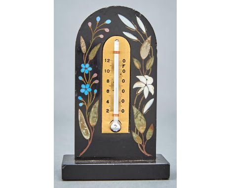 A Victorian Ashford black marble thermometer, Derbyshire, c1870, inlaid in coloured hardstones with white and turquoise flowe
