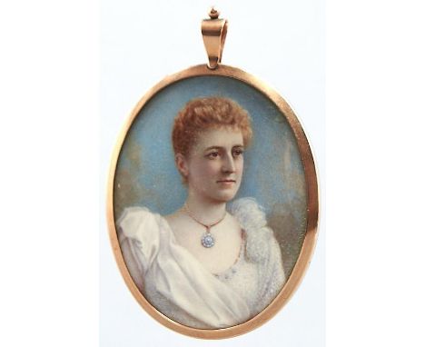 English School, c1900 -&nbsp; Portrait miniature of a lady in a white dress, sky background, oval, 69 x 54mm, gold frame with