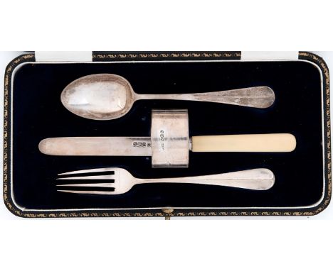 A George V silver child's christening set of spoon, fork, knife and napkin ring, by James Dixon &amp; Sons Ltd, Sheffield 191