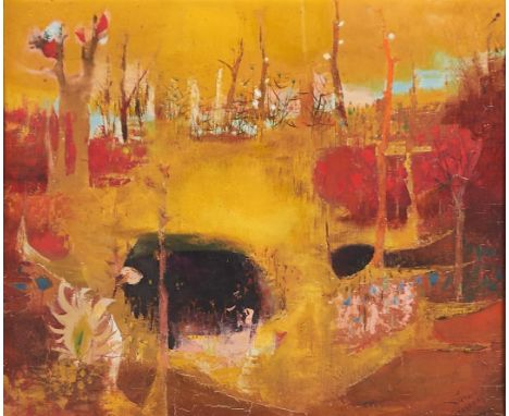 20th c School - Landscape, indistinctly signed, oil on canvas, 45 x 53.5cm  Varnish dirty, requires a light clean, in painted