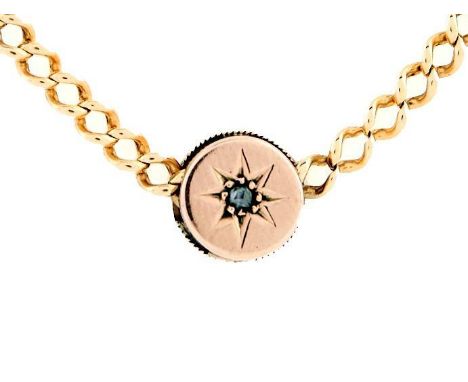 A gold watch chain with gold slide, gypsy set with a rose diamond, 50.5cm l excluding loop and spring ring, marked 585, slide