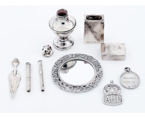 A miniature&nbsp;circular silver mirror and miscellaneous other small silver articles, to include a matchbox slide, pepperett