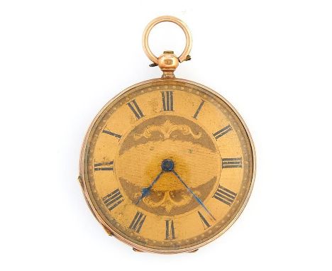 A Swiss gold cylinder lady's watch, late 19th c, with engraved gilt dial and case back, 36mm, marked 14k and a giltmetal guar