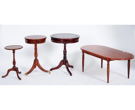 A reproduction burr walnut veneered tripod table, modern, the quartered top with crossbanded border above frieze fitted two d