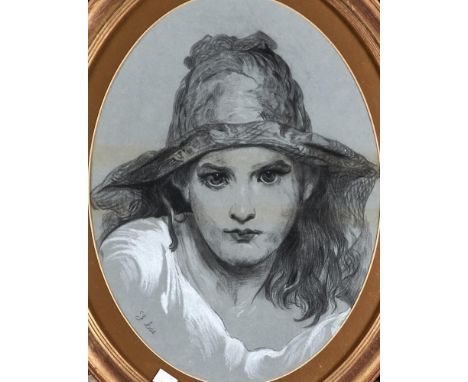 F Coe, 19th century - Study of an Italian Peasant Child, signed, black and white chalk on light grey paper, oval, 42.5 x 32.5