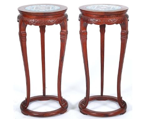 A pair of Chinese cloisonné enamel and carved hardwood stands, 20th c, in Qing style, on ring foot, 90cm h  Good condition