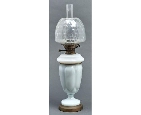 A Victorian white glass oil lamp, c1900, with detachable fount with Hinks's No 2 Duplex burner and brass foot, dimpled glass 