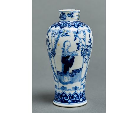 A Chinese blue and white vase, Kangxi mark, late Qing dynasty, painted with the full length figure of a lady alternating with