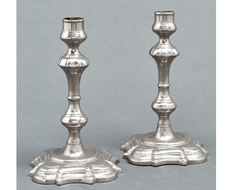 A pair of nickel plated brass mushroom knopped candlesticks, 19th c, 19cm h  Painting blistered in one place on one candlesti