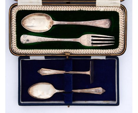 An Edwardian silver child's spoon and fork, by Joseph Rodgers &amp; Sons Ltd, Sheffield 1905 and a child's spoon and pusher, 