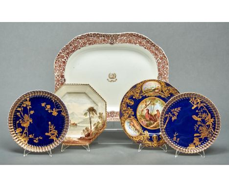 A Copeland cobalt ground dessert plate, c1884, painted by Charles Weaver with game birds and trophies in richly gilt border a