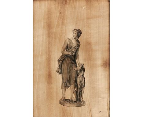 English School, early 19th c - Classical Sculpture of a Woman and Hound, pen and ink on light wood, 29 x 20cm, bird's eye map