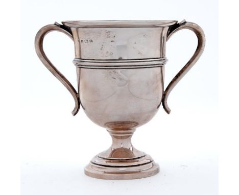 A George V silver two handled trophy cup, 12.5cm h, by A &amp; J Zimmermann, Birmingham 1915, 5ozs 2dwts  Minor dents and lig