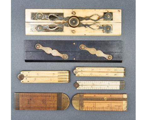 Five Victorian and two early 20th c ivory, bone, ebony or boxwood 3", 6" and 12" rules, including two brass mounted parallel 