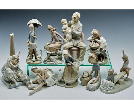 Eight Lladro figures,&nbsp;to include grandfather and child, sleeping clown, ballerina, dove girl, goose girl, duck girl, chi