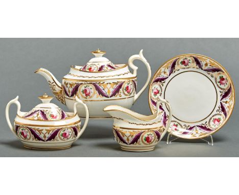 A Minton teapot and cover, sucrier and cover, cream jug and saucer dish, c1810, painted with a border of gilt wreathed roses 