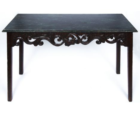 A Victorian mahogany serving table, 19th c, in Irish 18th c style,&nbsp;the later faux verde antico top above a frieze of pie