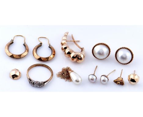 Miscellaneous gold earrings, a cultured pearl pendant, ear studs and diamond ring, 15.5g  Some typical wear