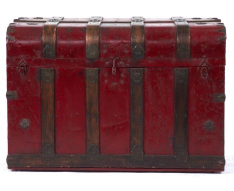 A steel and bentwood mounted cabin trunk, c1900, 92cm l, red painted  Old knocks and scratches