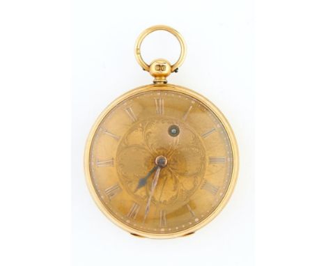 A Victorian 18ct gold lever watch with engraved dial, in engine turned case, gold bow, 42mm, London 1841, 52.6g  Small dents 