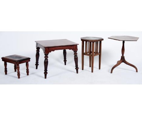 An Edwardian mahogany tiled top octagonal plant stand, c1905, boxwood strung and satinwood, boxwood and ebony crossbanded wit