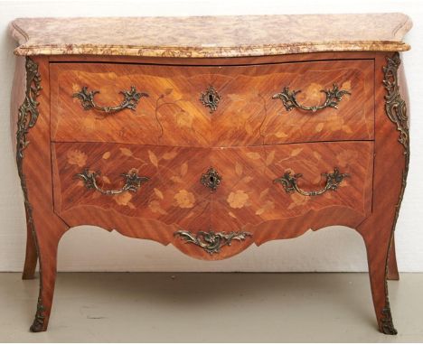 A French kingwood and marquetry commode, early 20th c, in Louis XV style, with sienna brocatelle marble slab, decorated with 