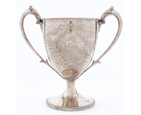 A Scottish George III silver cup, with acanthus capped handles, engraved with swags and bows, on beaded foot, 23cm h, by Will