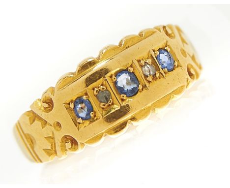 A Victorian five stone sapphire and diamond ring in 18ct gold, Chester 1900, 2.1g, size M  Light wear, one of the small sapph