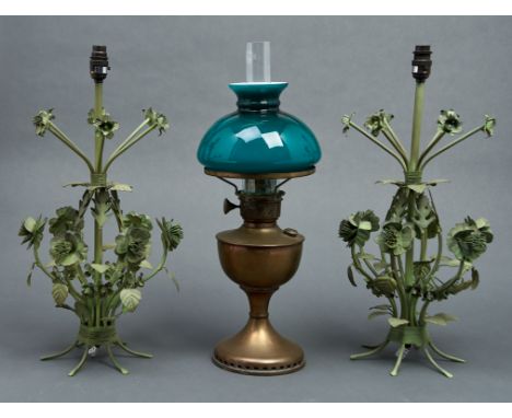 A Continental Famos brass oil lamp,&nbsp; with green cased white shade and chimney, 56cm h&nbsp; overall and a pair of modern