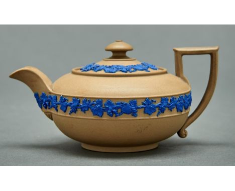 A Wedgwood drab ware miniature teapot and cover, early 19th c,&nbsp;of compressed ovoid form with short spout and angular han