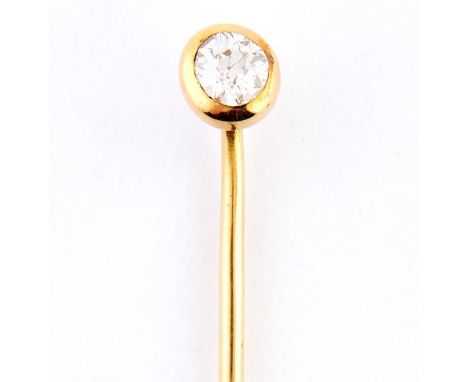 A diamond stick pin, the old cut diamond terminal in rub-over setting, 57mm, unmarked, 2.1g  Pin slightly bent