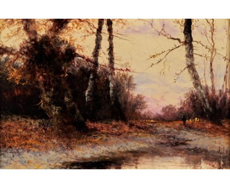 J Fox (FL late 19th century) - Woodland Scenes at Sunrise and Sunset, a pair, both signed, oil on canvas, 29.5 x 43.5cm (2)  