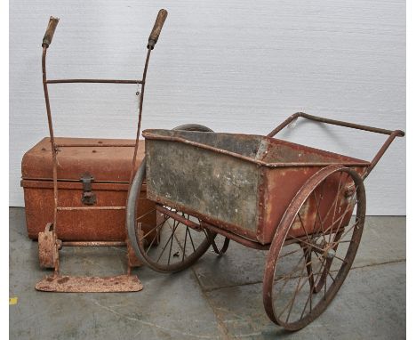 A metal framed sack trolley with elm handles, 112cm h approximately, a garden barrow with zinc tub, tubular metal handle and 