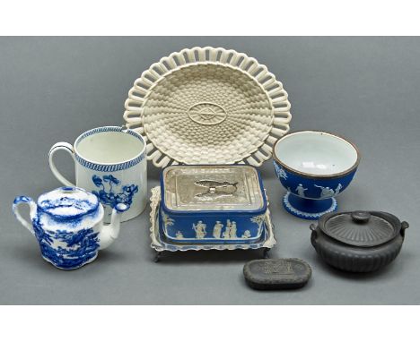 A Wedgwood dark blue jasper dip sardine dish and EPNS cover and stand, a Wedgwood silver mounted dark blue jasper dip pedesta