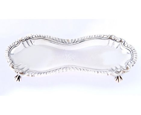 A George III gadrooned silver snuffers tray, on claw and ball feet, crested, 19cm l, maker's mark indistinct, London 1767, 6o