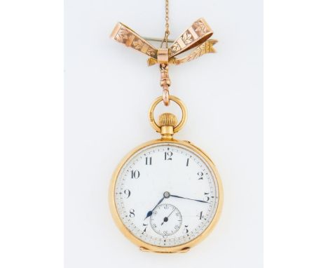 An 18ct gold keyless lever lady's watch with enamel dial, in plain case, the back engraved with monogram, gold cuvette and bo